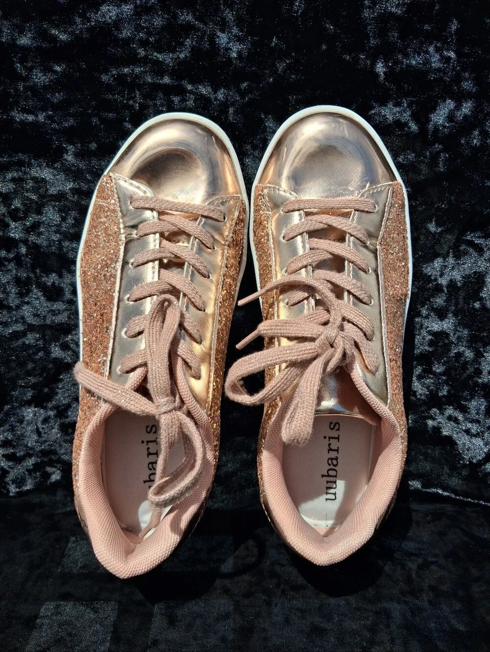 Uubaris Sparkling Glitter Rose Gold Lace Up Fashion Sneakers Size 7.5